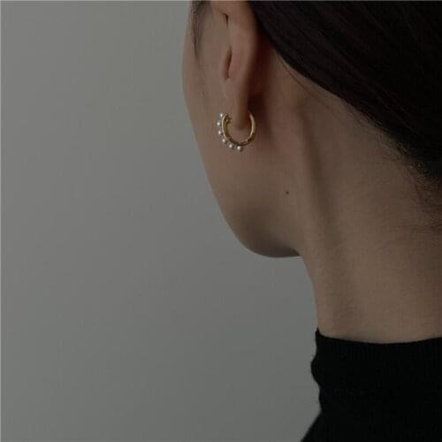 Brass With 18K Gold Circle Pearl Clip Earrings Women Jewelry Punk Party Gown Runway Rare Korean Japan Boho Hiphop