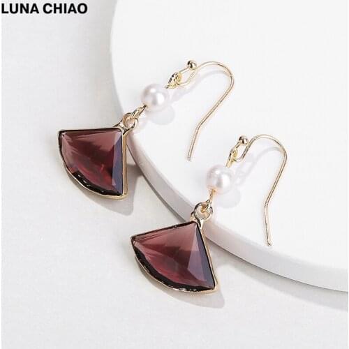 LUNA CHIAO Gold Color Plating Fan Shape Glass Crystal Earrings Dangle Drop Earrings for Women