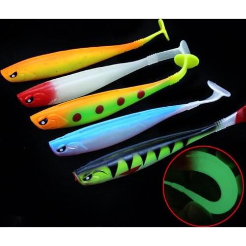 T-Tail Soft Bait Fishing Artificial Worm Lures Alien Eyes Glow 12cm/10g Groove Back Rainbow Fish PVC Lure Lot 5 Pieces