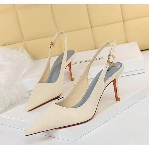 Womens Hollow Out White Pumps Back Strap Summer Ladies Shoes 7.5cm Banquet Slingback Large Size 43 Retro Green Kitten Heels 34