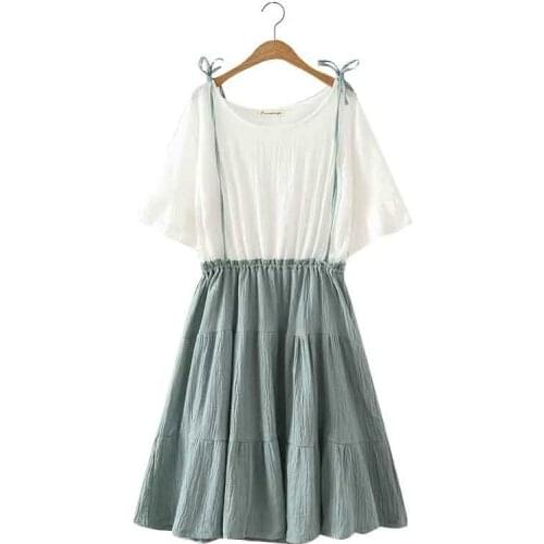 XUANHAO Autumn Dress Women Fake 2 Piece Cotton Linen Patchwork Dresses Female Short Sleeve Sweet A-line Vestidos Mujer 2018