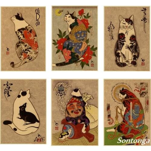 Japan Samurai Cat Cat Tattoo Kraft Poster Retro Art Wall Art Living Room Bedroom Decoration Painting Posters