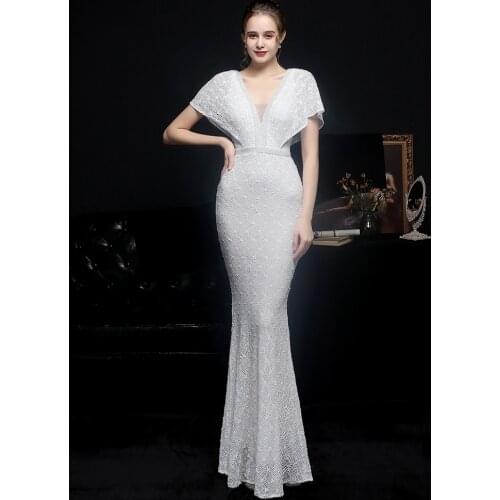 YIDINGZS Women White Sequin Dress V Neck Beaded Party Dress Elegant Prom Dress 2021