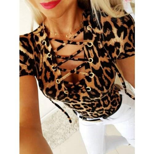 Sexy Lepord Print T shirt Women Lace Up Women Split V-Neck Tee Shirts Casual Streetwear Women Chic Tops Plus Size Women Clothing