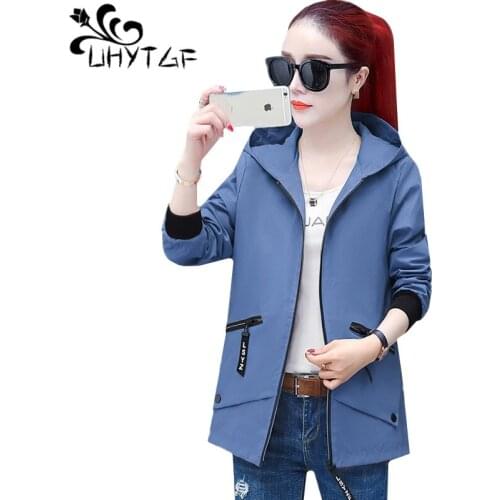 UHYTGF female jacket Fashion hooded spring autumn coat women Casual Wild short bomber jacket loose plus size top veste femme 914