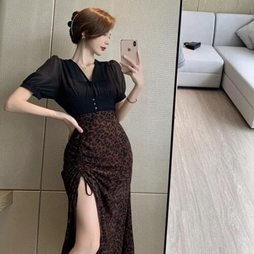 Female Summer New Design Sense Niche Leopard Print Bag Hip Skirt Long Skirt High Waist Temperament Tight-fitting Split Skirt