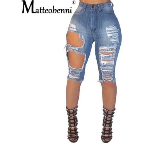 Summer Sexy Women Ripped Denim Shorts High Waist Holes Draped Destroy Stretch Bodycon Pencil Slim Knee-Length Shorts Streetwear