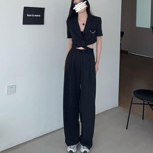 Fashion Striped Blazers Pant Sets Women 2021 Summer Two-piece Suits Short Blazer Jacket+ High Waist Wide Leg Straight Trousers