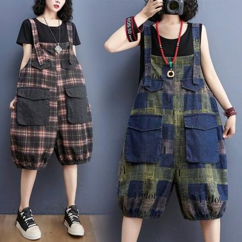 Plaid Denim 2021 New Suspenders WomenS Summer Jumpsuit Loose Big Size Knee Length Thin Overalls