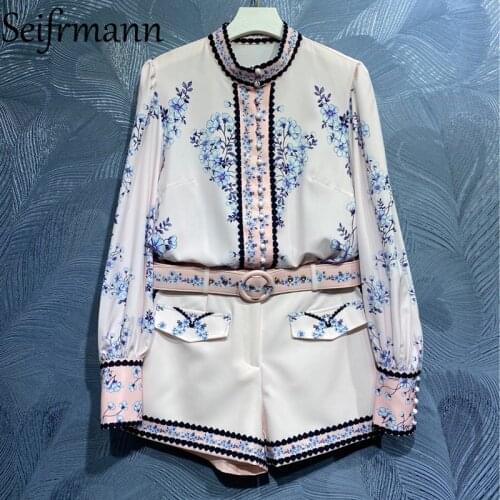 Seifrmann New 2021 Summer Women Fashion Runway Shorts Set Lantern Sleeve Print Blouses + High Waist Print Shorts 2 Pieces Suits