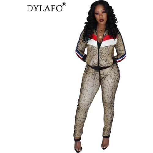 Casaul Snake Print Tracksuit Women 2 Piece Set Top and Pants Long Sleeve Striped Patchwork Zipper Sweatsuit Plus Size S-2XL