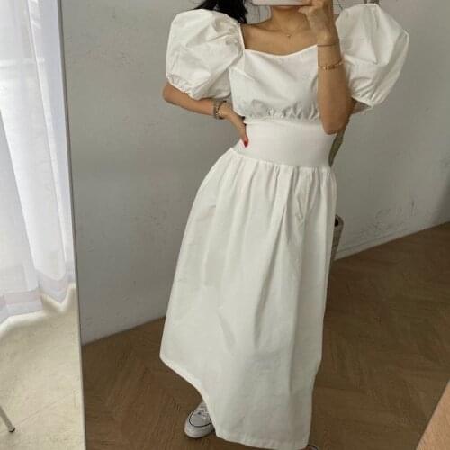 Women Summer Dress Cotton Bubble Sleeve Solid Chic Party Dress Square Neck Dress High Waist Dresses Casual Elegant Vestido 13999