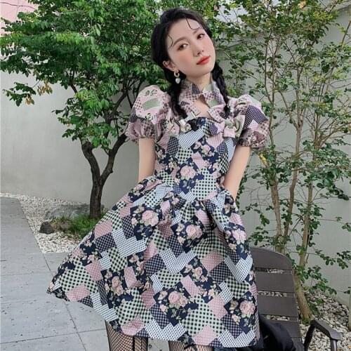 2021 Summer New Vintage Flower Print Dress Women Bow Decoration Cheongsam Collar Puff Sleeve Princess Dress