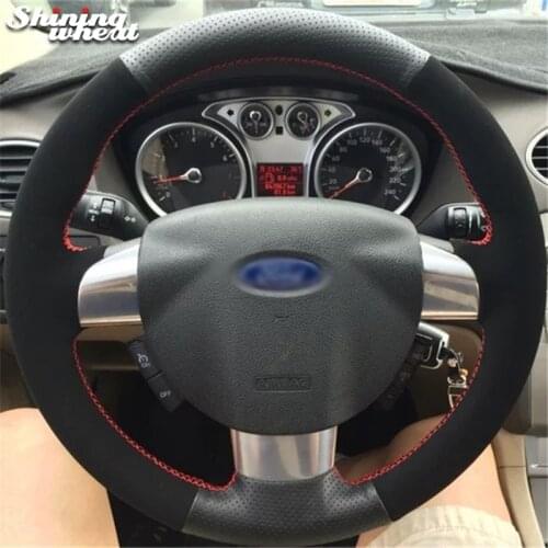 Shining wheat Black Leather Black Suede Car Steering Wheel Cover for Ford Focus 2 Focus 3 Focus RS