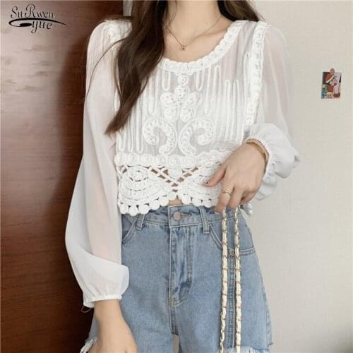 Long Sleeve Loose Sweet Short Shirt Hollow Out Sexy Lace Blouse for Women 2021 Spring O Neck Korean Fashion Chiffon Shirt 14673