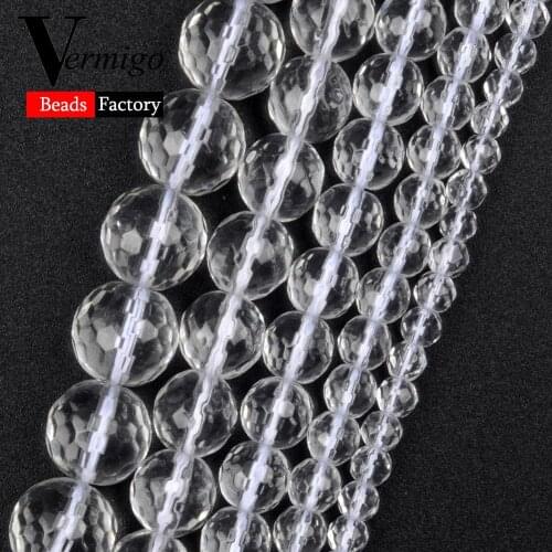 Natural Mineral Stone Faceted White Crystal Glass Beads 6 8 10 12mm Round Spacer Beads For Jewelry Making Diy Bracelets 15inch