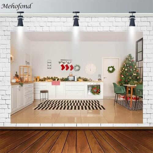 Kitchen Christmas Tree Backdrops Socks Lights Wreath Family Portrait Photography Background Photo Studio Photophone Decor Props