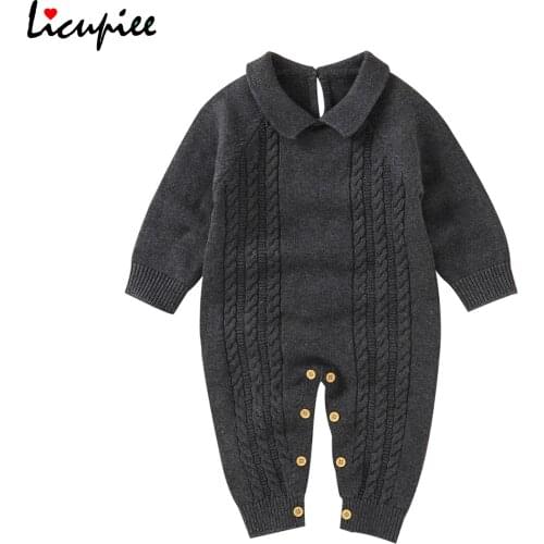 3-24 Months Baby Jumpsuit, Solid Color Turn-down Neck Long Sleeves Knitted Rompers with Buttons for Toddlers Girls Boys