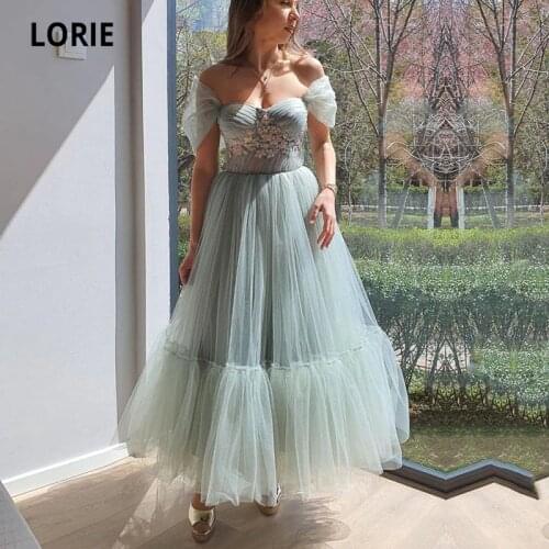 LORIE Short Prom Dresses 2021 Off the Shoulder Tulle Tea Length A-Line Ruffled Arabic Wedding Party Gown Graduation Dress