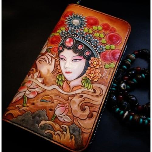 Hand Made Genuine Leather Wallet Chinese Style Purses Men Long Clutch Vegetable Tanned Leather Wallet Card Holder