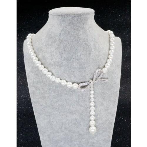 20" White Round Pearl Necklace Cz Pave Pendant