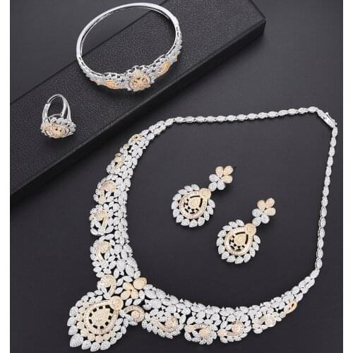 LARRAURI 4PCS Wedding Jewelry Sets Luxury Cubic Zirconia Inlaid Collar Necklace Earrings Bangle Ring Women Bridal Jewelry sets
