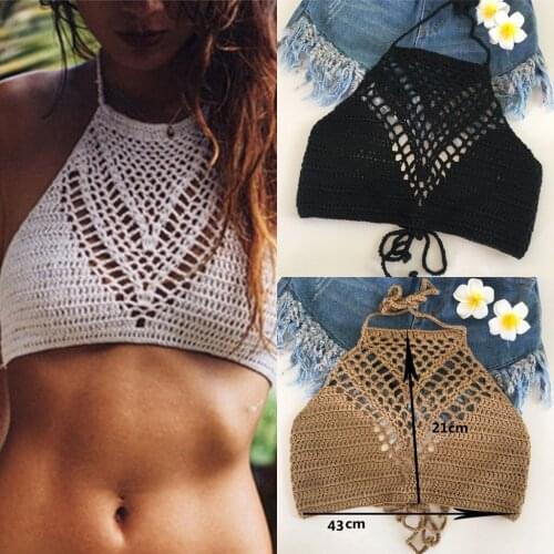 2019 Hot Tank Tops Shirt Plain Halter Vest Strap Crop Tops Bra Beach Bikini Summer Short Vest Sexy Hollow Out Crochet Bikini