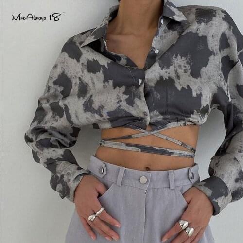 Mnealways18 Leopard Sexy Crop Tops Womens Shirt Long Sleeve Streetwear Backless Lace-Up Tops Vintage Tie Dye Print Blouse Female