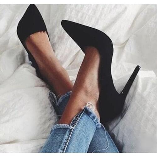 Fashion High Heel Pumps 12cm Black Red Suede Stretch Women Shoes High Heels Slip-on Stiletto Heels Ladies Wedding Dress Shoes