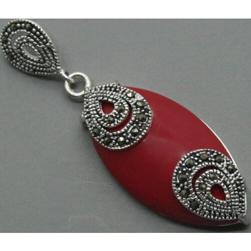 Fashion jewelry Free Shipping 925 STERLING SILVER RED CORAL MARCASITE NECKLACE PENDANT 18x40MM
