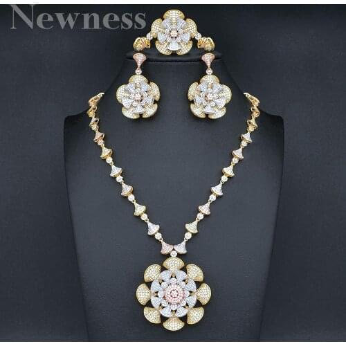 Newness Luxury Special Brand Flower Full Micro Cubic Zirconia Wedding Bridal Necklace Bracelet Earring Ring Copper Set for Women