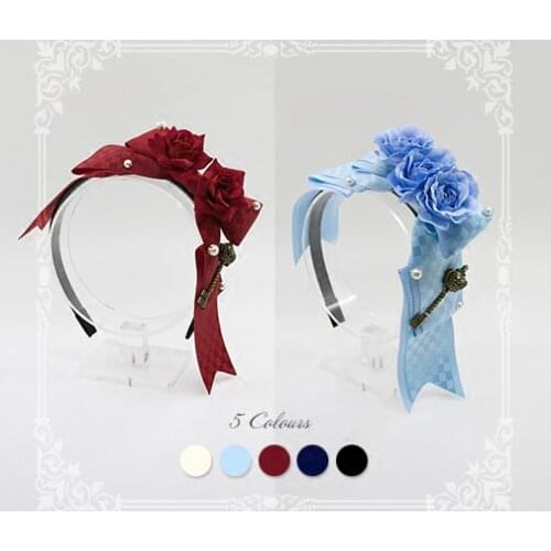 Goodbye Alice Handmade Rose Plaid Hairband KC Bows,Key Trim Lolita Sweet Headband Headwear 5 Colors 2 Types