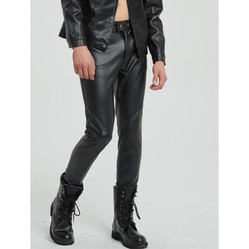 Thin faux leather pants mens feet pants motorcycle pu trousers men personality fashion pantalon homme spring autumn Windproof
