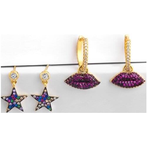 Star lips multicolor Brass micro pave cz zircon cubic zirconia drop Hoop Earrings studs copper gold plated crystal 3gff