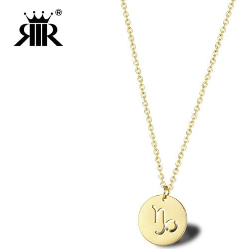RIR Stainless Steel Round Zodiac Capricorn Symbol Necklace Simple Constellations Jewelry Necklace Birthday Gifts For Friends