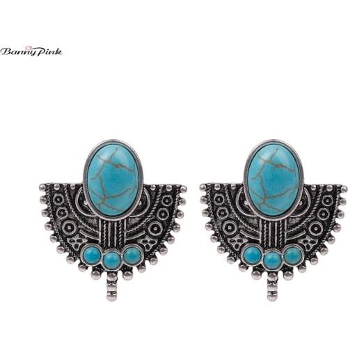 Banny Pink Tibetan Alloy Carved Geometric Fan Stud Earrings For Women Bohemia Oval Stone Post Earrings Vintage Earrings Brincos