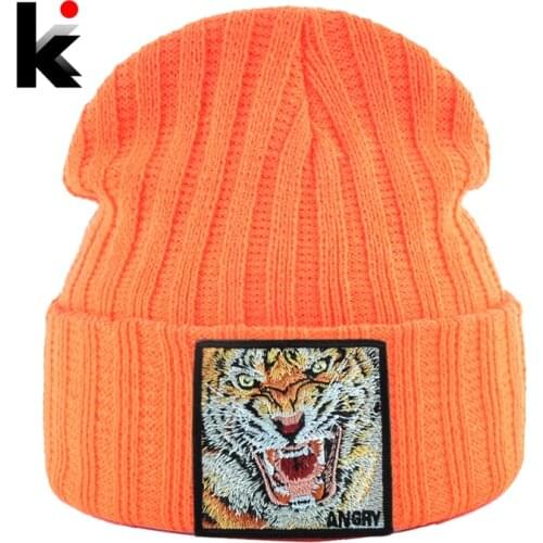 New Fashion Knitted Beanie Hat With Tiger Embroidery Patch Hip Hop Skullies Beanies Men Women Winter Knit Solid Color Ski Hat
