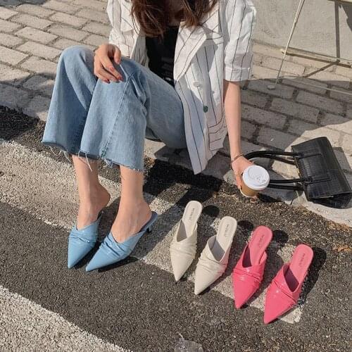 Pointed Toe Fashion Women Slippers Thin Low Heels Pink/Blue/White Shallow Slippers Mules Casual Slides Elegant Slides Mules Shoe