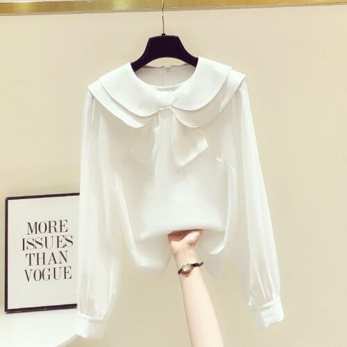 Sweet Bow Doll Collar White Shirt Womens Pullover Top 2021 Spring New Loose Girl Ladies Long Sleeve Blouse Blusas Mujer