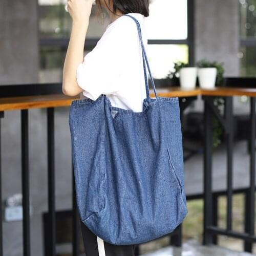 New Simple Large-capacity Canvas Female Bag Casual Denim Material Shopping Bag Retro Solid Color Single Shoulder Bag Handbag