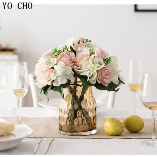 YO CHO 24cm Silk Rose Hydrangea Artificial Flower Bouquet 7 Heads Purple Fake Flower for Wedding Decor Table Mariage Home Flower