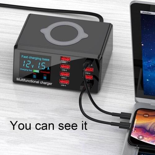 Charger 8-Port Multi-Function Fast USB Charger with Display Wireless Charger USB Smart Charger Mobile Phone Charging Station