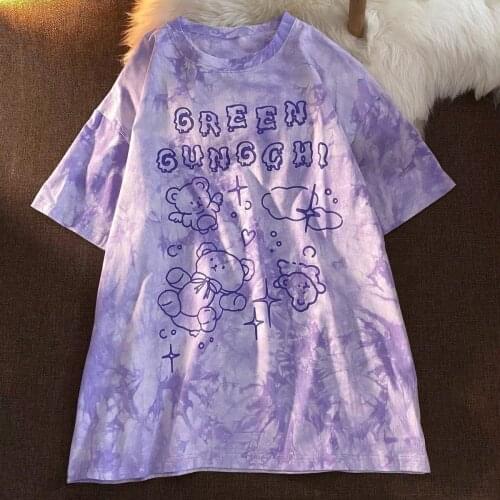 ZOENOVA Cotton Cute Bear Purple Dye T-Shirt 2021 Summer WomenS Tops 2000s Aesthetic Cool Pure Oversized Girl Short Sleeves Tee