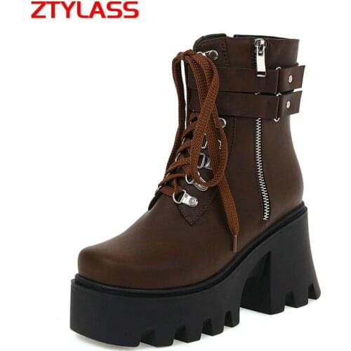 2021 New Autumn Winter Punk Style Ankle Boots Women Zipper Thick High Heel Platform Shoes Fashion Cross Tied Square Toe Boots