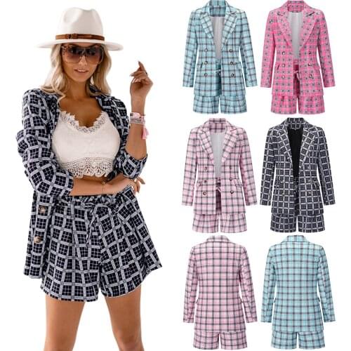 Autumn Jacket Sets Plaid Color Print Full Sleeve Womens Clothing Tops Blazer + Short Pants Matching Sets Winter Outwear C2989