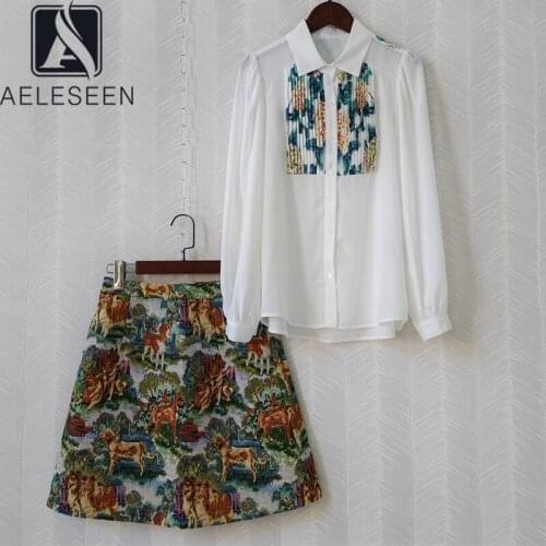 AELESEEN Runway Fashion 2 Pieces Skirt Sets Women White Elegant Flower Print Shirt+Animal Print Skirt Autumn New Tuwinsets
