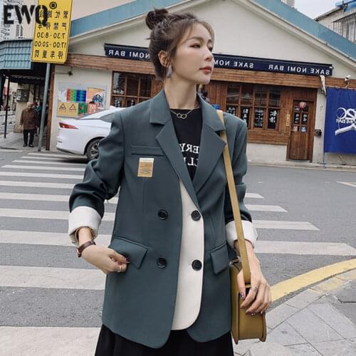 [EWQ] 2021 Spring Female Office Lady Notched Collar Long-sleeved Single Breasted Patchwork Green Minimalist Blazer Coat 8P088