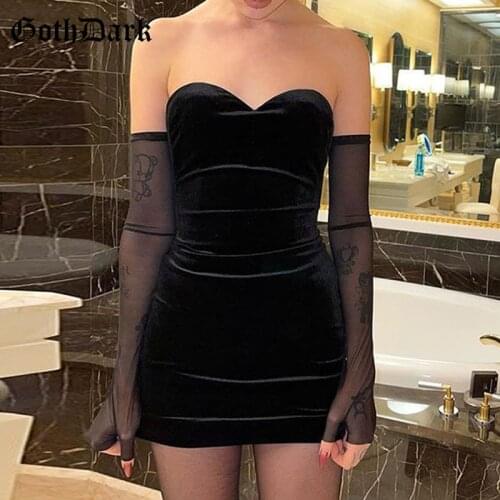 Goth Dark Elegant Gothic E-Girl Velvet Mini Dresses Mall Goth Vintage Black Women Strapless Pencil Dress Sexy Bodycon Partywear