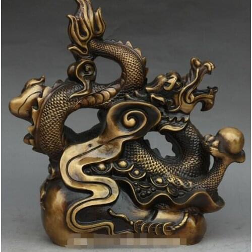 12" Chinese Bronze Zodiac Year Dragon Dragons Animal Yuanbao Coin Money Statue