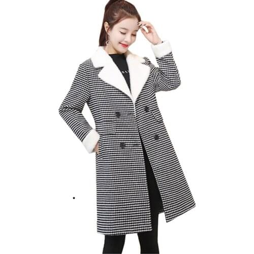 2019 Winter Fashion Brand Houndstooth Womens Wool Coat Warm Thick Long Overcoat Double-breasted Casual Plaid Wool Jacket Coats